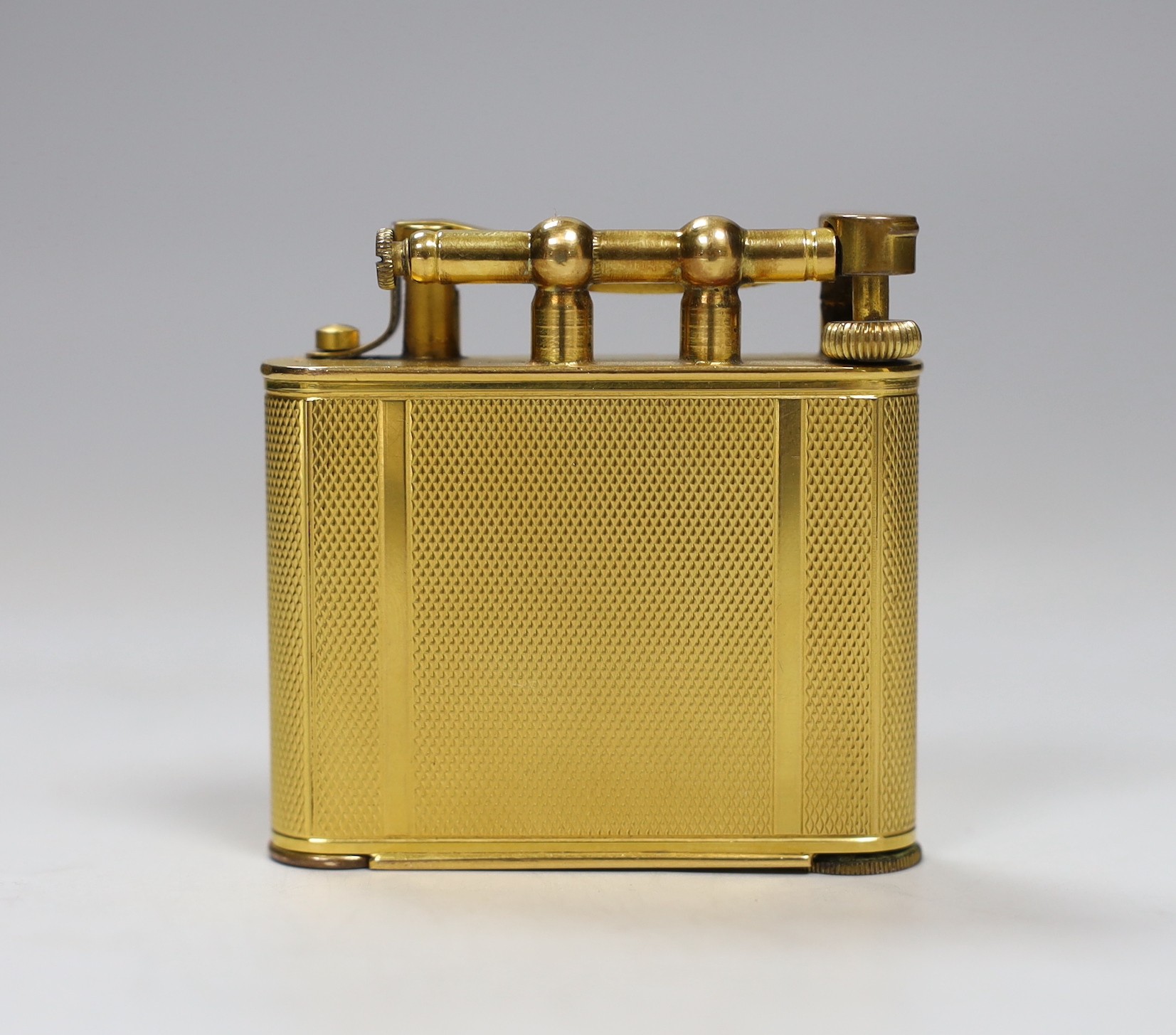 A gilt Dunhill compact / lipstick / cigarette lighter, 6cm with original box